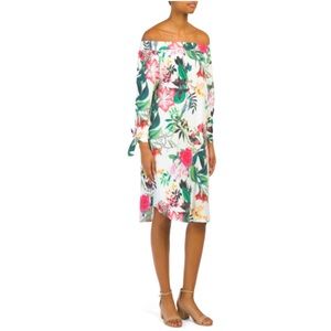 PIAZZA DEL TEMPIO MADE IN ITALY TROPICAL PRINT OFF THE SHOULDER DRESS